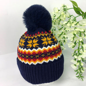 Reevo Accessories Multicoloured Hat with Pom Pom-Navy