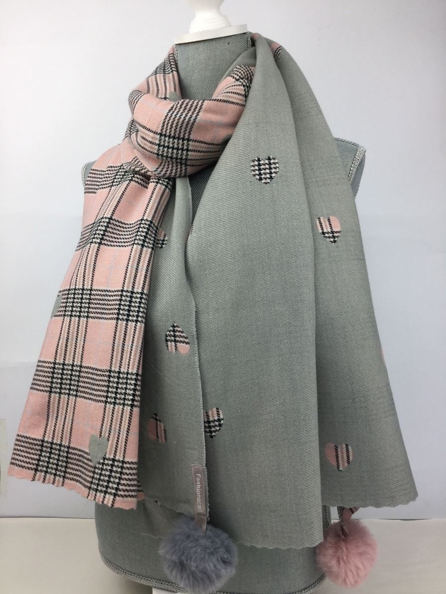 Reevo Accessories Check Heart Design Scarf -Grey & Pink