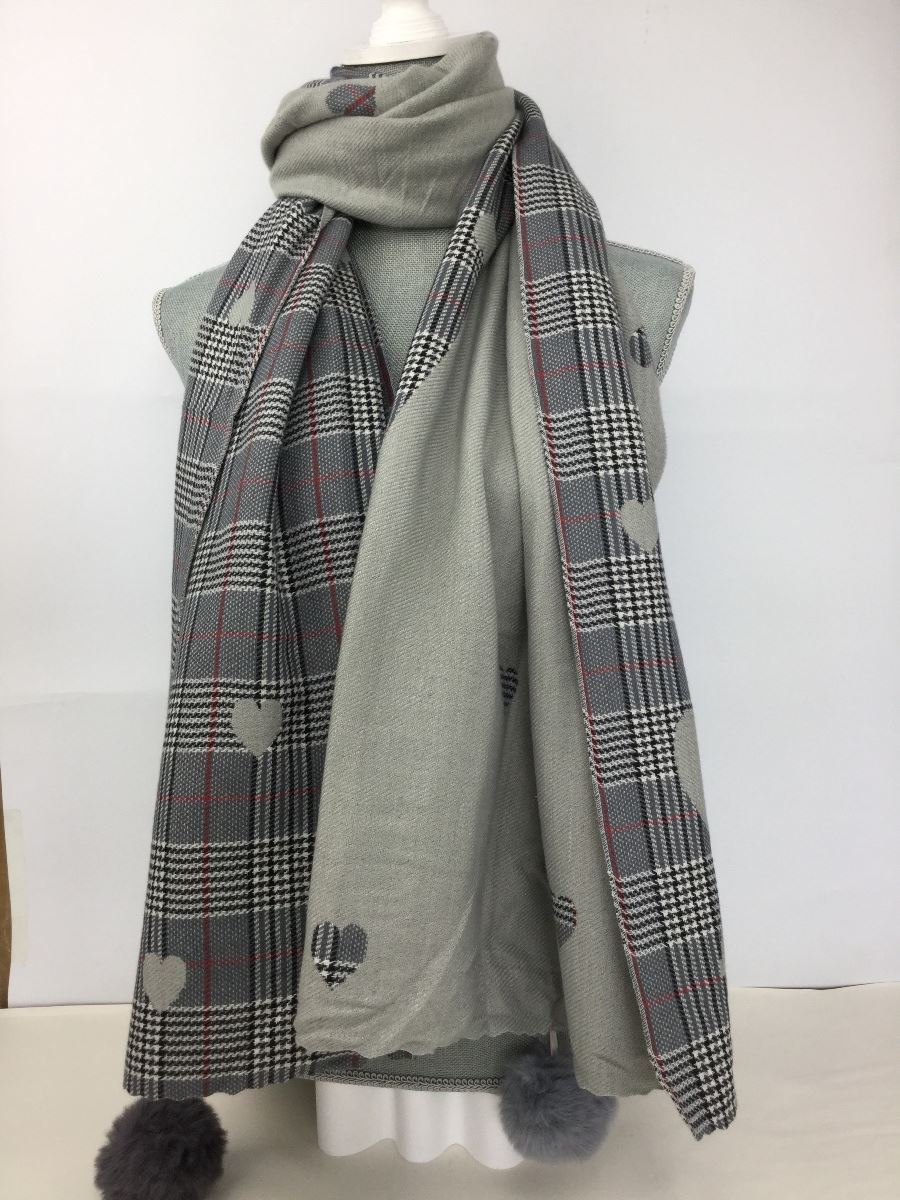 Reevo Accessories Check Heart Design Scarf -Grey