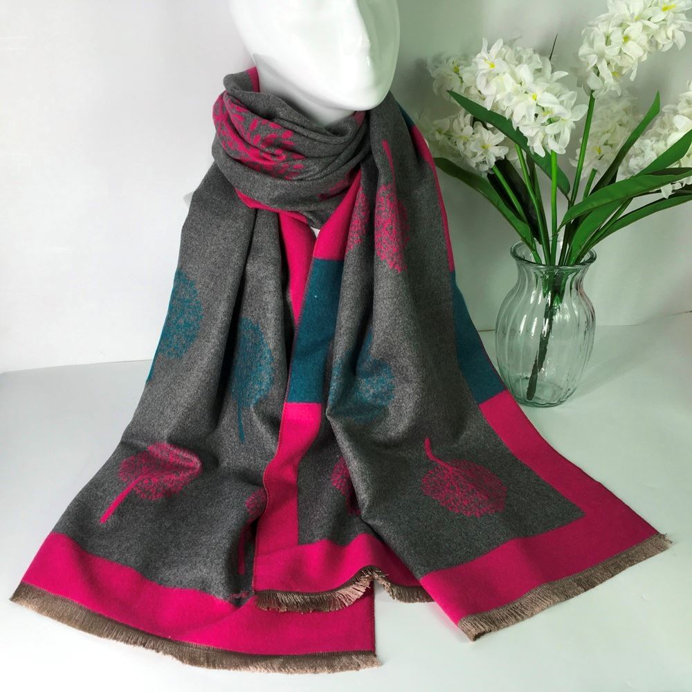 Reevo Accessories Tree Design Scarf -Grey & Hot Pink