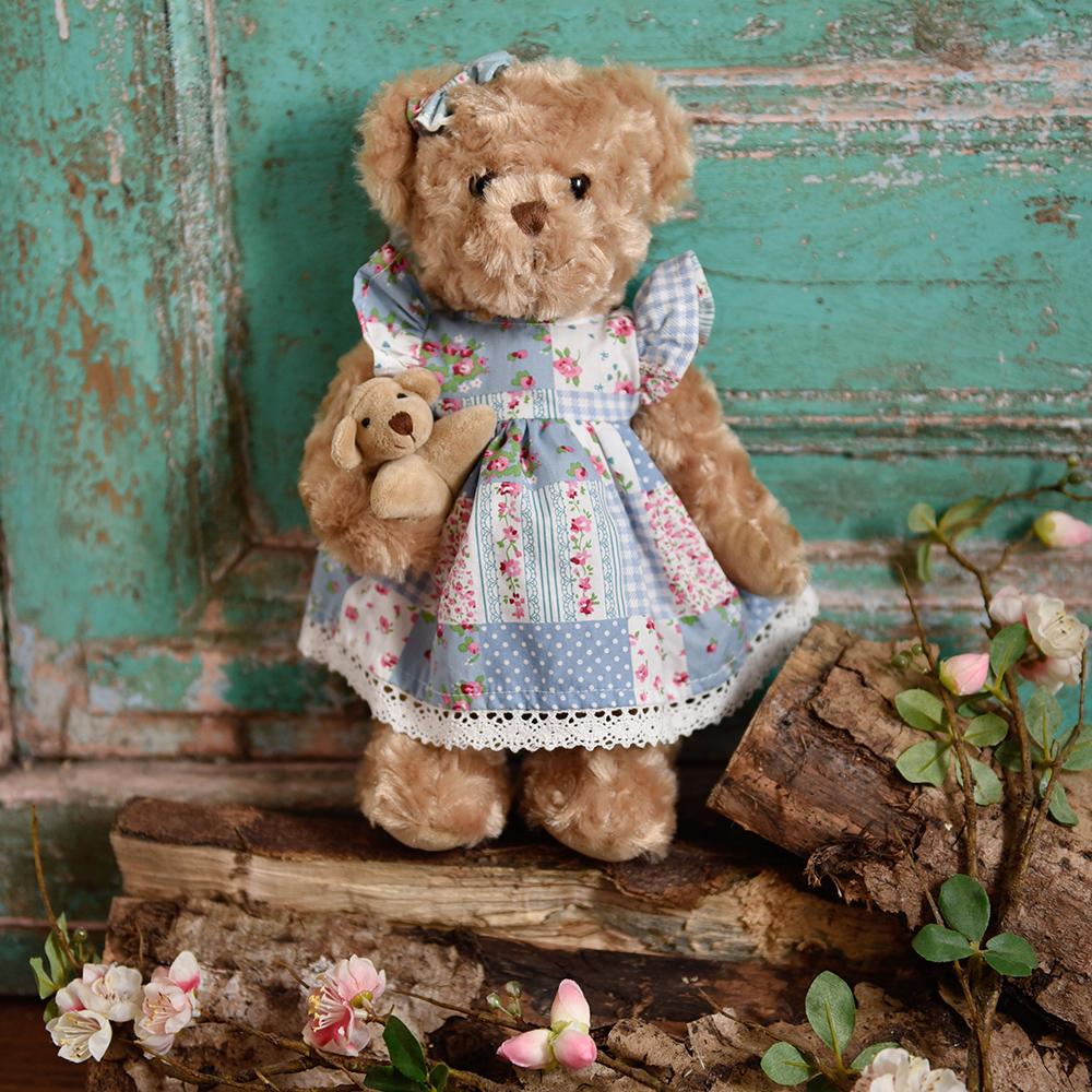 Powell Craft Teddy Bear with Blue Patchwork Dress & Baby