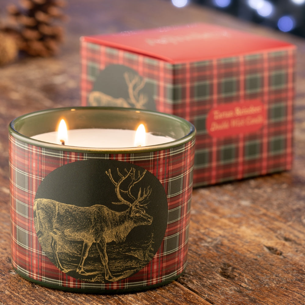 Aynsley Tartan Reindeer Candle - Teakwood & Fir - Double Wick