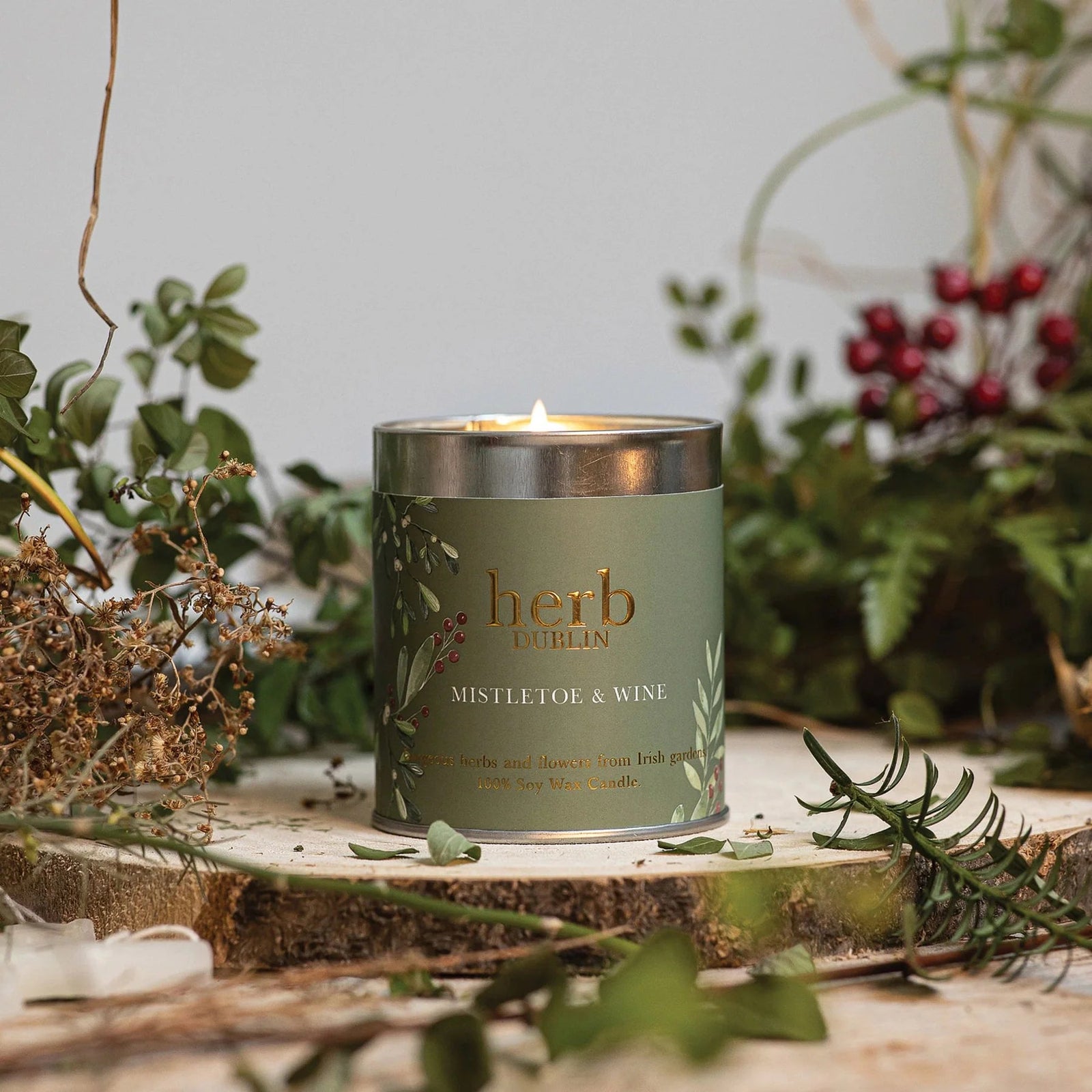 Herb Dublin- Mistletoe and Wine Tin Candle