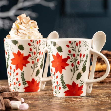 Aynsley Hot Chocolate Ponsettia Set of 2 Mugs & Spoons