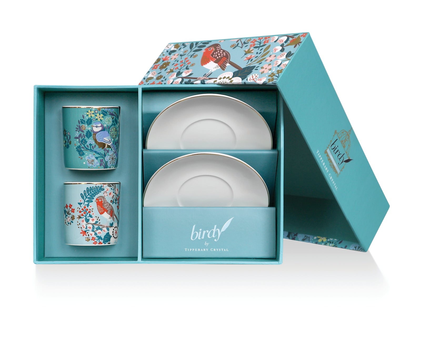 Tipperary Crystal Birdy Set Of 2 Espresso Teacups/Saucers