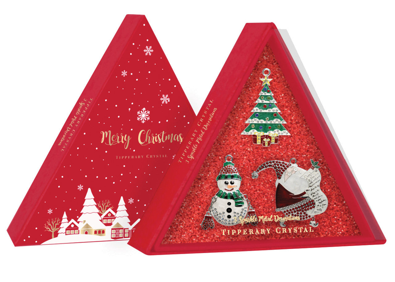 Tipperary Crystal Set of 3 Sparkle Decorations-Tree, Snowman & Santa