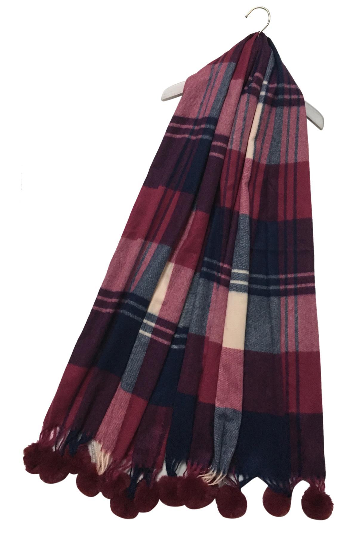 FSW Colourful Tartan Wool Tassel Scarf-Wine