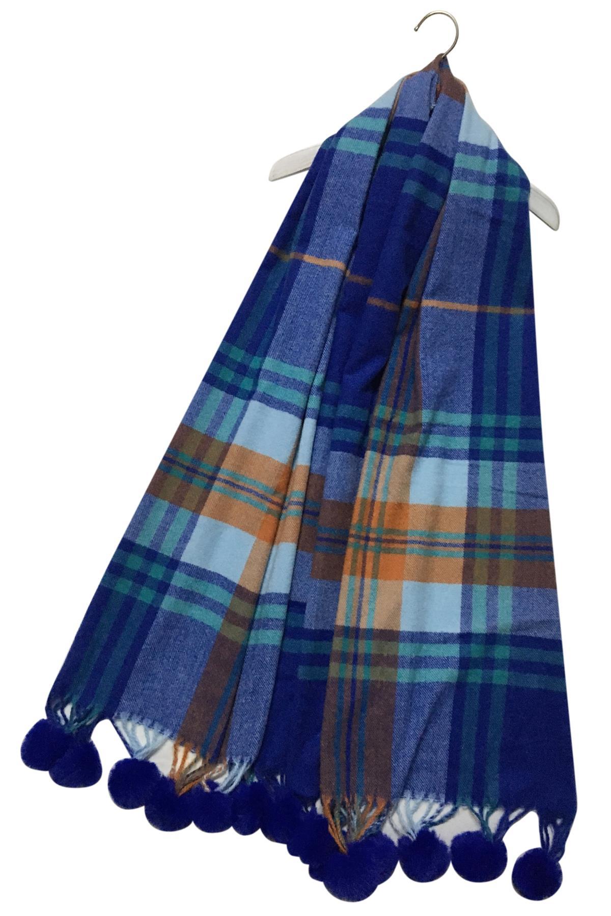 FSW Colourful Tartan Wool Tassel Scarf-Blue