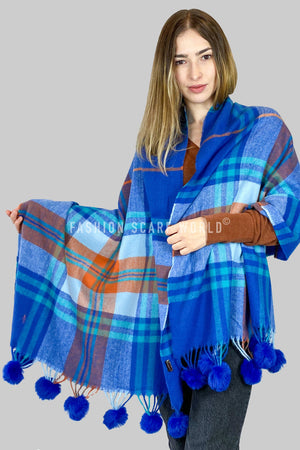 FSW Colourful Tartan Wool Tassel Scarf-Blue