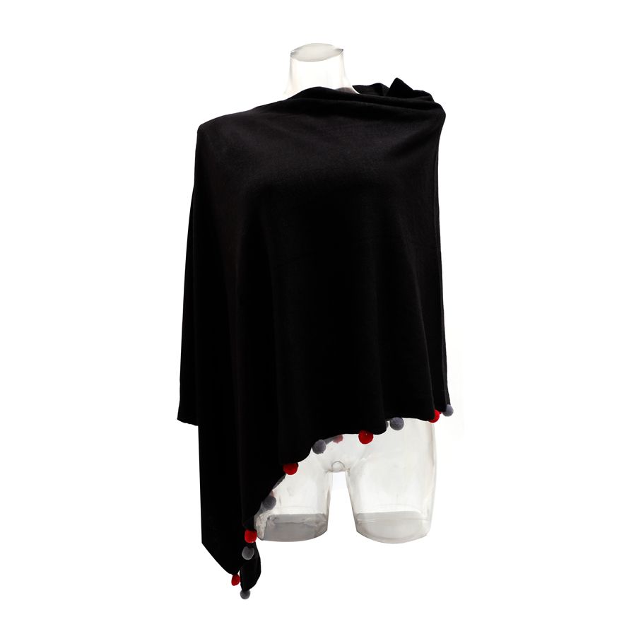 Pure Accessories Wrap/Poncho With Mini Pom Pom-Black