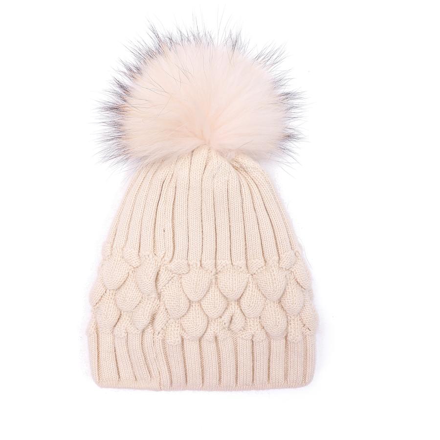 Pure Accessories Fur Pompom Hat-Cream