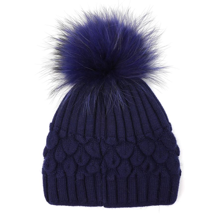Pure Accessories Fur Pompom Hat-Navy