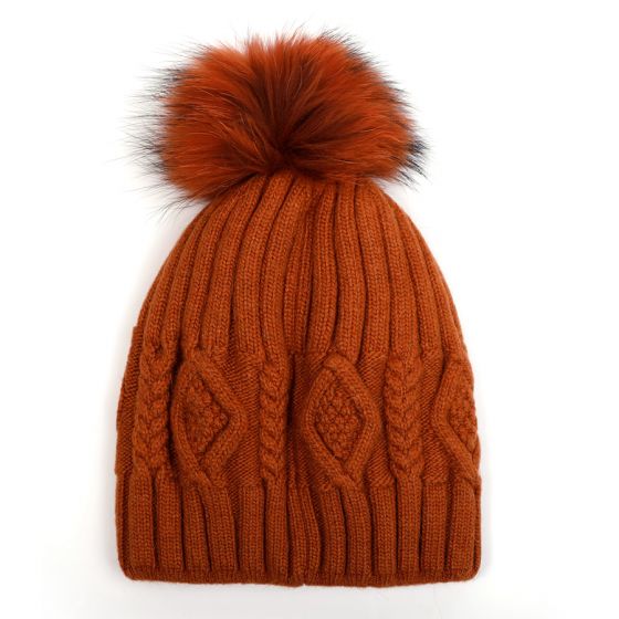 Pure Accessories Fur Pompom Hat Tan