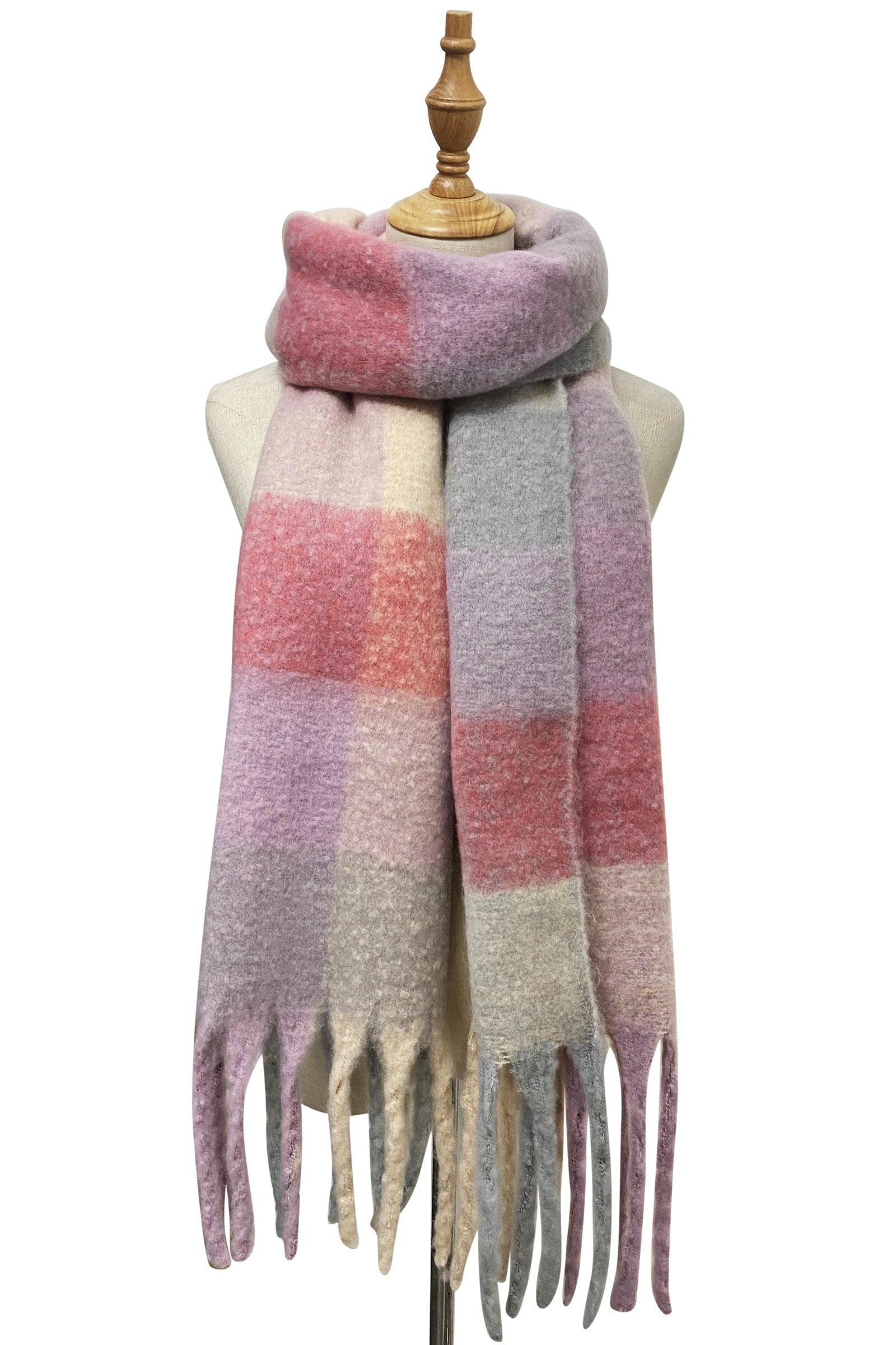 FSW Soft Check Tassel Wrap Scarf-Pink Lilac