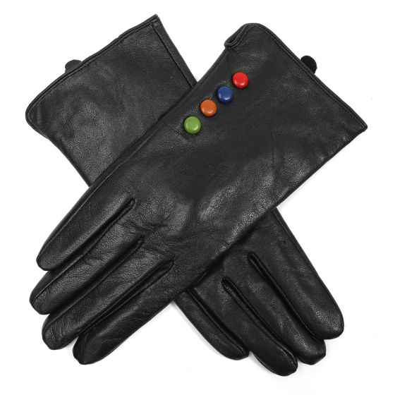 Pure Coloured Button Leather Gloves-Black