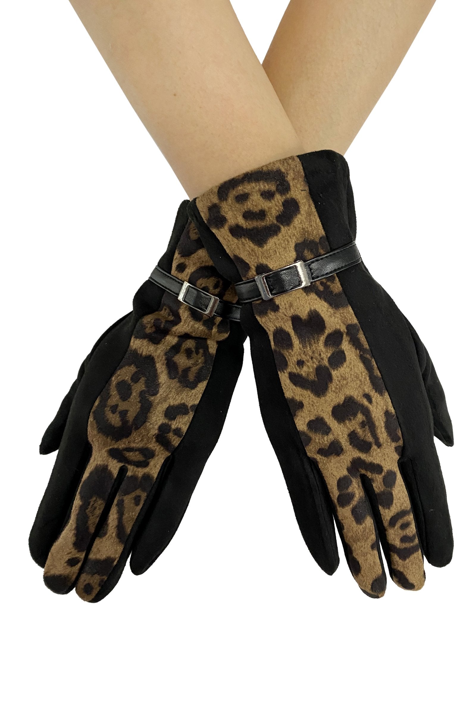 FSW Suede Effect Leopard Print Touchscreen Gloves With Faux Leather Buckle