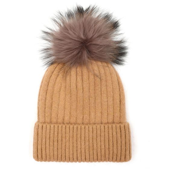 Pure Accessories Fur Pompom Hat Camel
