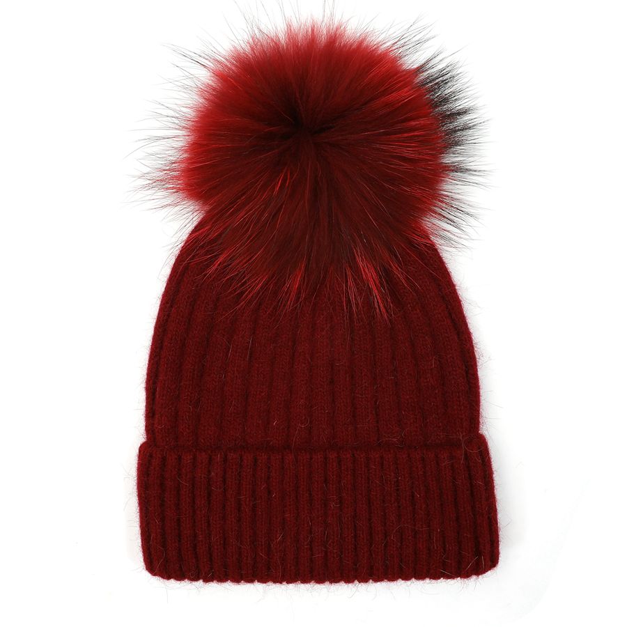 Pure Accessories Fur Pompom Hat Burgundy