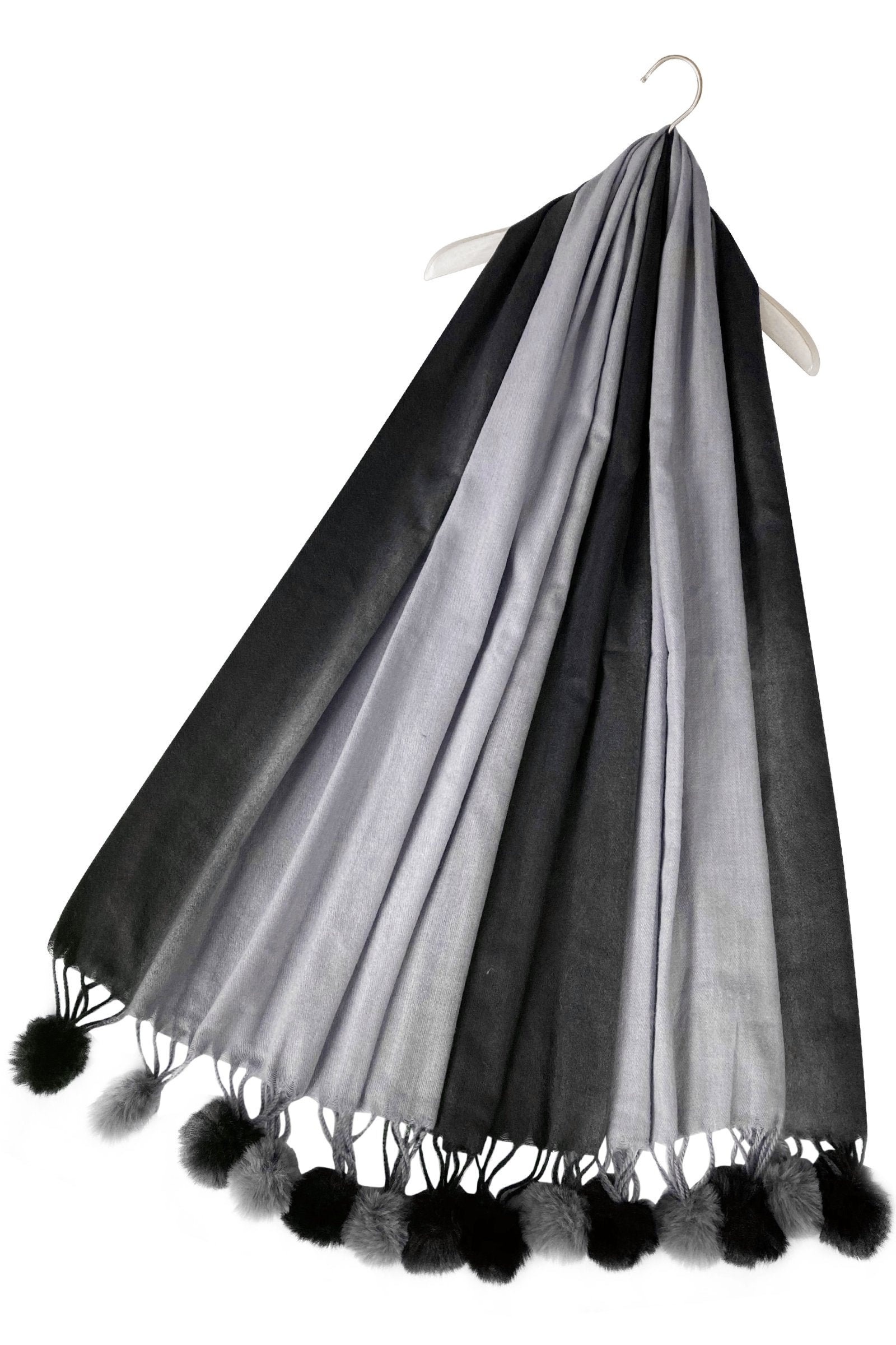 FSW Gradual Colour Wool Scarf with Faux Fur Pom Pom-Charcoal
