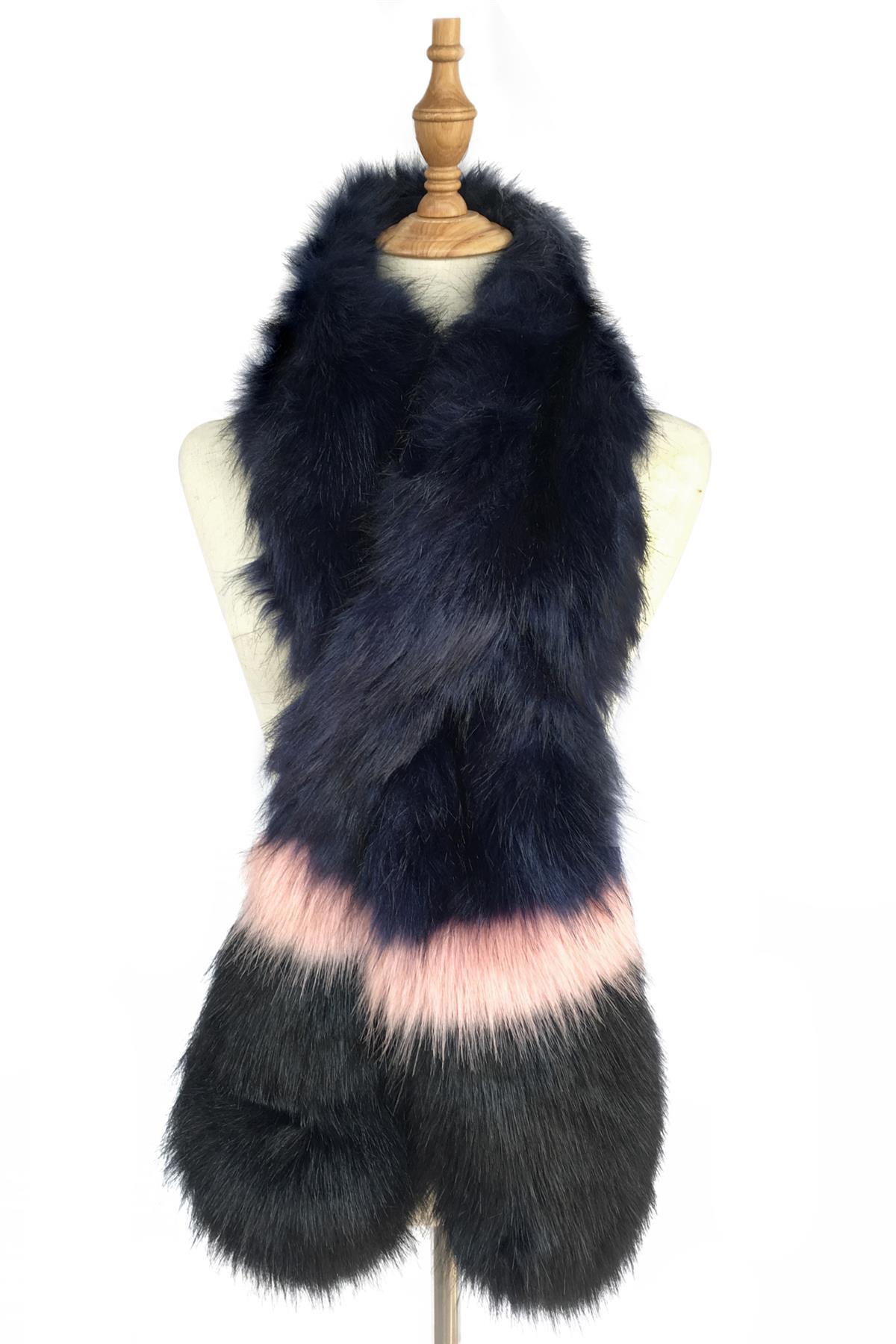 FSC Stripe Long Faux Fur Collar-Navy Blue